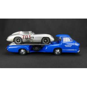 1/18 Mercedes-Benz Renntransporter Blue Wonder синий + Mercedes-Benz 300 SLR 701 Dirty Hero ® 1955 серебристый