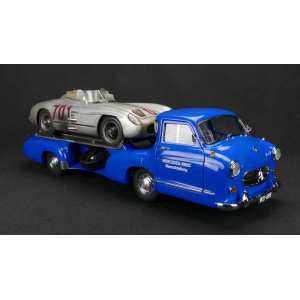 1/18 Mercedes-Benz Renntransporter Blue Wonder синий + Mercedes-Benz 300 SLR 701 Dirty Hero ® 1955 серебристый